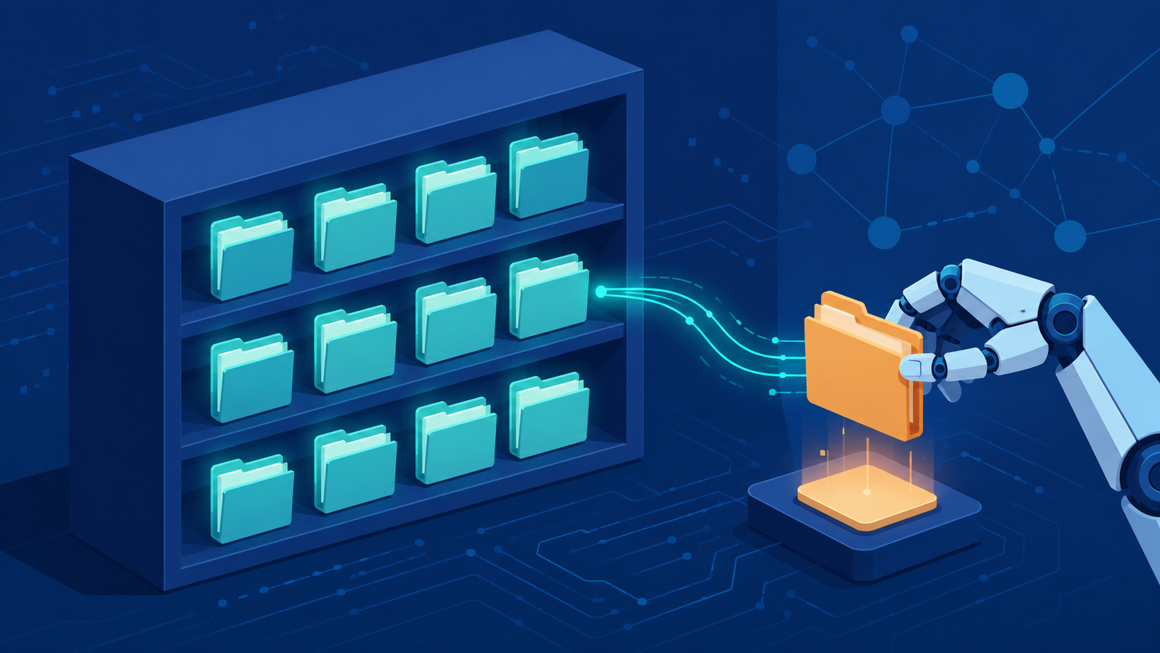 A robotic arm lifting one glowing folder from a shelf of stored folders — reusing saved work instead of fetching it fresh.